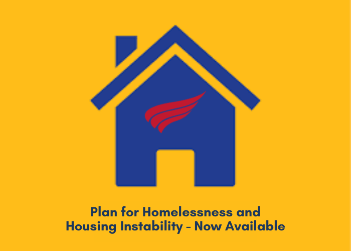 Homelessness Plan Now Available Graphic with House and City Logo