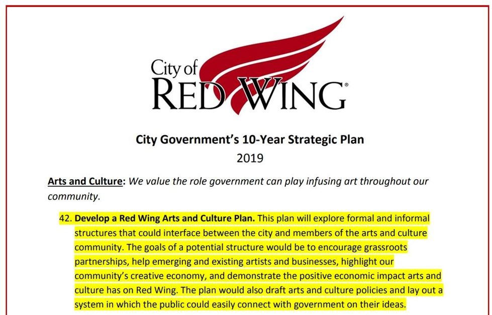 Arts and Culture in 10-Year Strategic Plan with Develop a Red Wing Arts and Culture Plan Highlighted