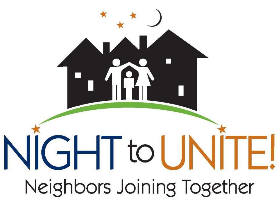 Night to Unite Logo depicting three people in front of three houses under a night sky