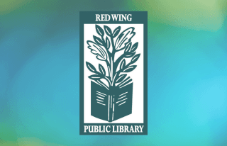 Red Wing Public Library logo on a blue green background
