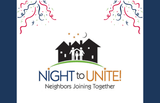 Night to Unite logo with three people in front of houses, decorative steamers