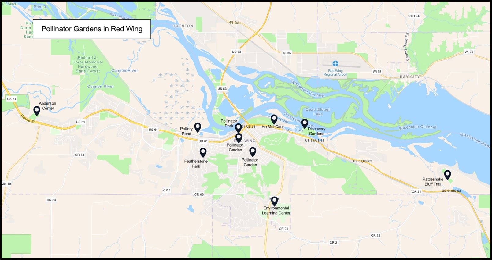 Map indicating locations of pollinator gardens in Red Wing