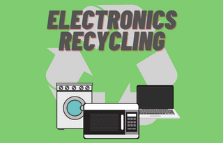 Various electronic devices with a recycling symbol representing electronics recycling