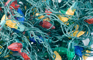 Tangled string of multi-colored Christmas lights
