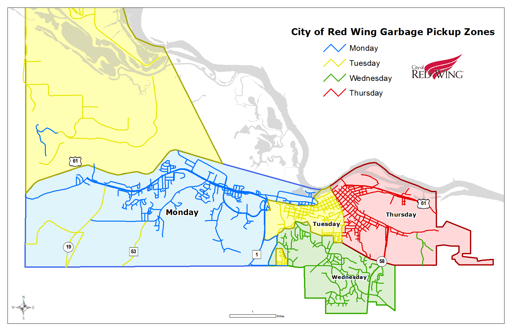 Map of garbage collection zones divided by collection day: Monday, Tuesday, Wednesday, Thursday